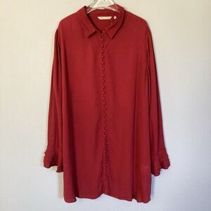 Soft Surroundings Poet Blouse Tunic Top Shirt Button Down Ruffle Sleeve Red 1X